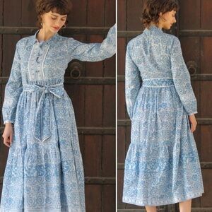 Cyclamen Jaipur Block Print Cotton Midi Dress Blue Peacock Prairie Cottagecore S